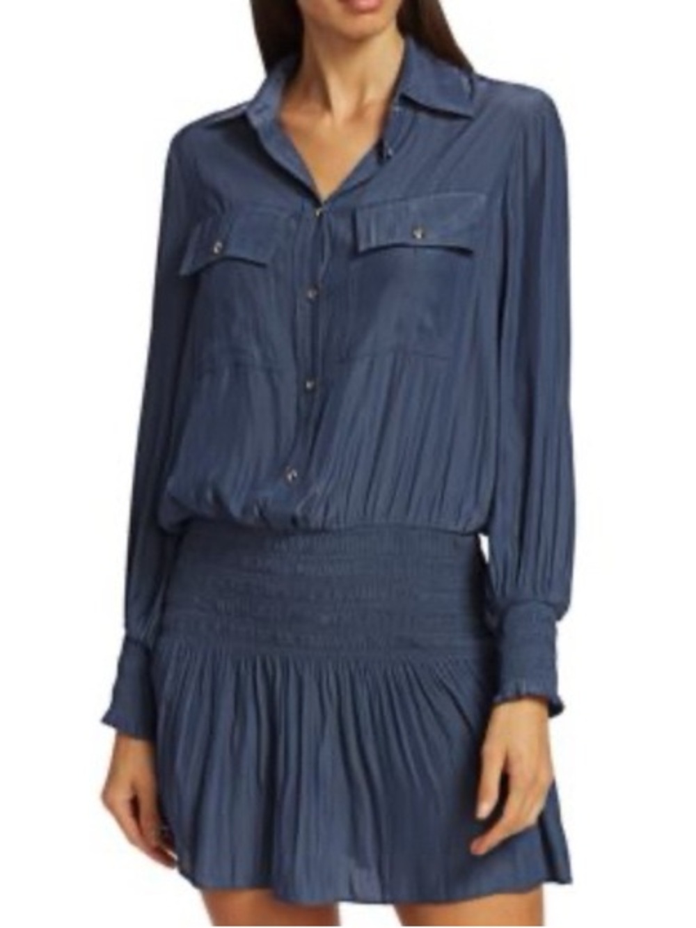 Ramy Brook Harper Slate Blue Long-Sleeve Mini Shirt Dress